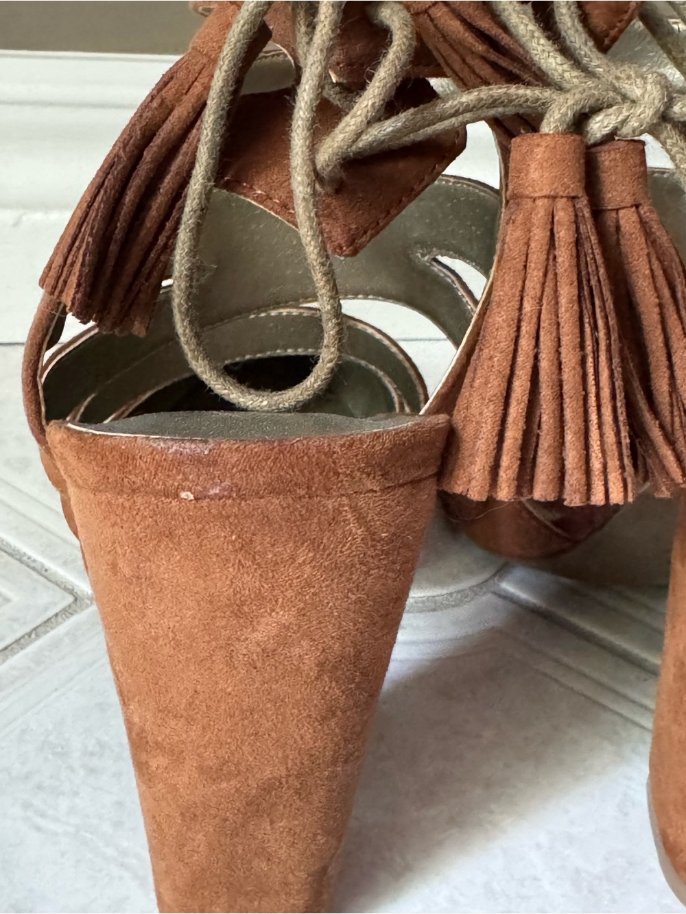 G by Guess Suede Strappy Tassel Block Heel Pumps in Cognac Brown - Picture 3 of 6